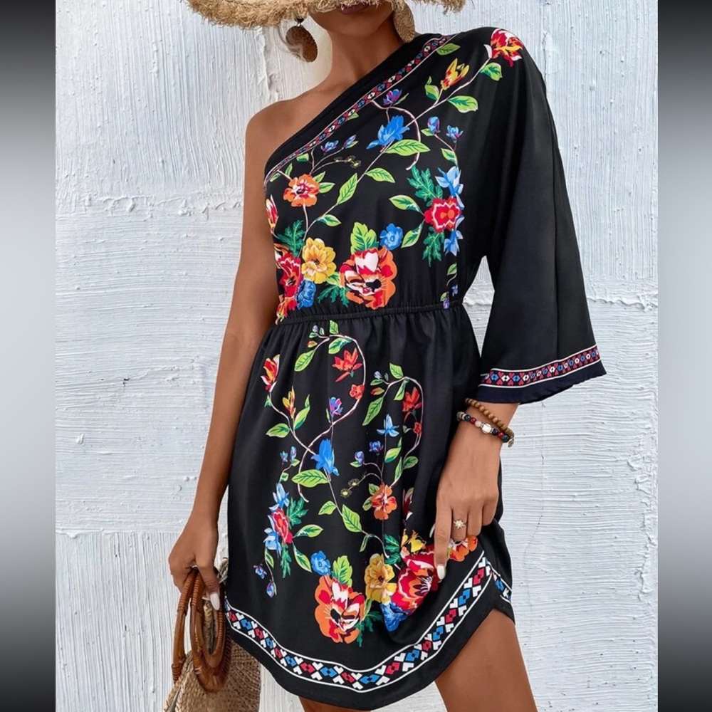Boho Floral Tropical Print One Shoulder Dress - Picture 1 of 6